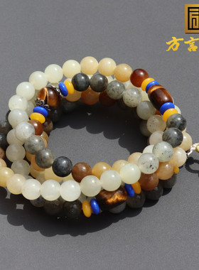 上新方言和田玉新疆大漠古风楼兰三色且末糖青花三彩8mm108项链A8