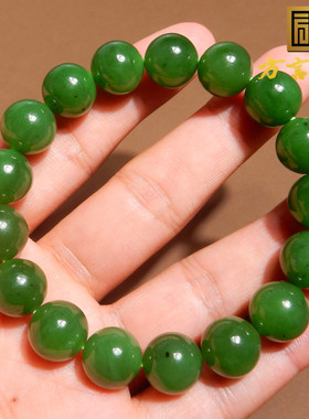 惊呆了方言和田玉俄罗斯油润细腻辣阳绿色碧玉12mm圆珠手串手链w2