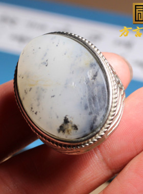 青花白玉籽料925银镶嵌戒指扳指