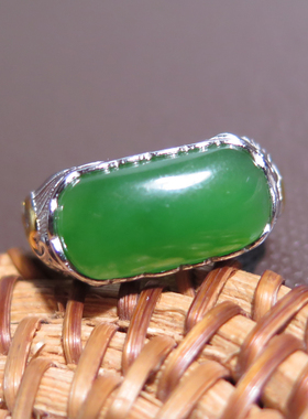 放漏方言和田玉精品佩戴级俄料碧玉细腻油润925银镶海涛纹戒指X5