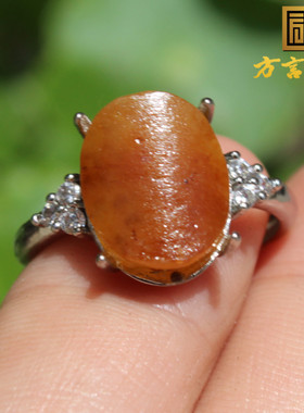 方言新疆老熟黄沁籽料银镶玉戒指