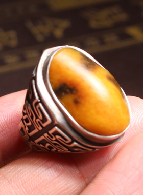 黄沁籽料银镶复古工艺原石戒指