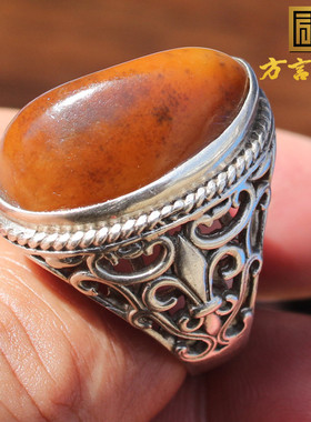 方言黄沁籽料银镶原石戒指