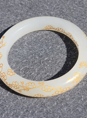 方言和田玉青海料冰底白玉景泰蓝工艺桃花粉描金卡54mm精美手镯R5