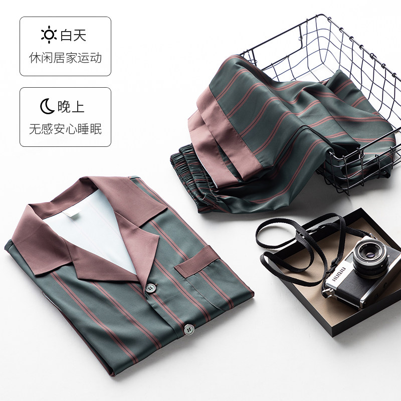 男士冰丝短袖长裤春秋款中年睡衣 意芬睡衣/家居服套装