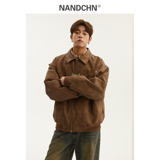 Men's American retro lapel leather jacket men's 2025 new spring and autumn loose couple workwear pu leather jacket