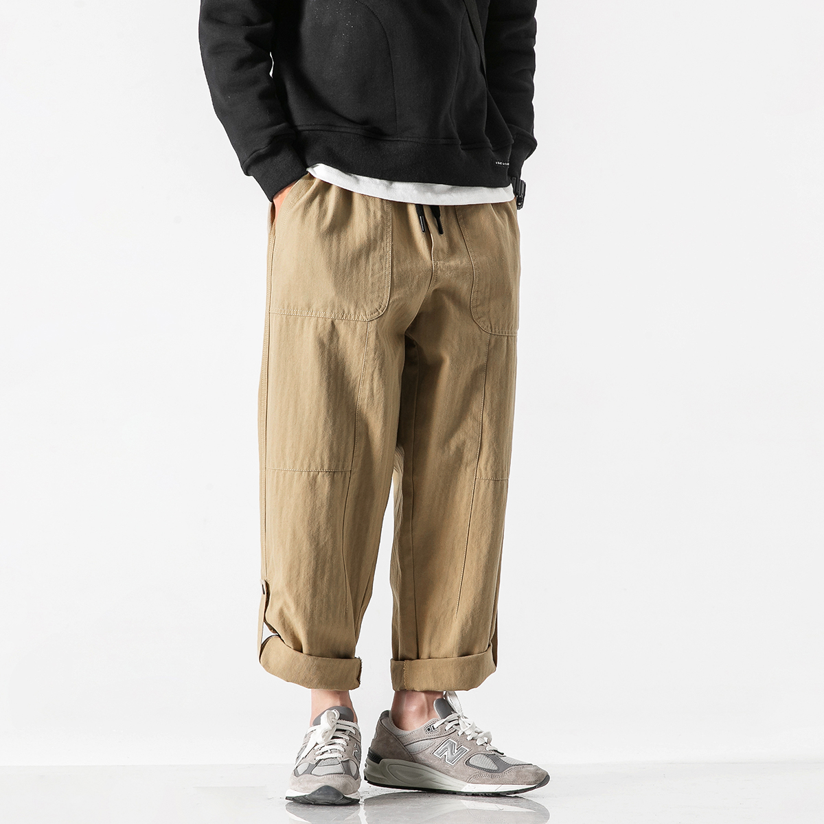 男道夏季绣标工装裤子男潮2023宽松直筒百搭拼接休闲运动收口长裤 - 图1