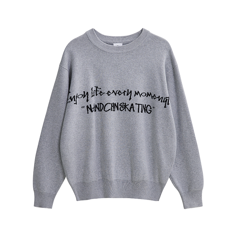 男道秋冬季国潮字母圆领套头毛衣男女美式潮牌慵懒风针织衫上衣 - 图3