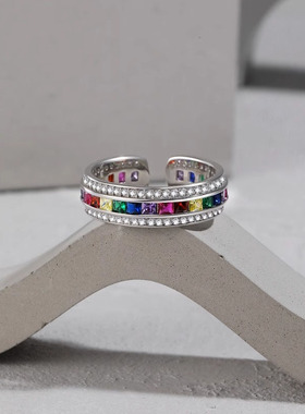 甜酷彩虹锆石开口戒指女轻奢小众设计高级ins冷淡风时尚个性指环