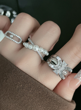 欧美ins字母镶钻高级感戒指小众设计感别针精致珍珠交叉开口指环