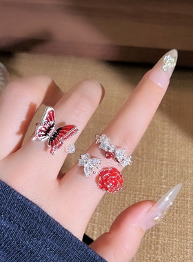 甜酷红色显白渐变蝴蝶玫瑰气质开口戒指女辣妹减龄冷淡风时尚指环