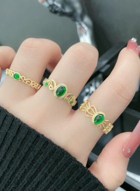 新中式复古镂空蕾丝仿祖母绿文艺气质开口戒指女甜酷轻奢小众指环