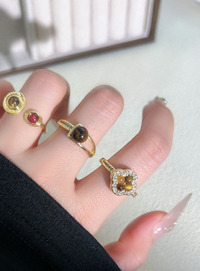 时尚个性美拉德复古虎眼石四叶草开口戒指女几何气质精致百搭指环