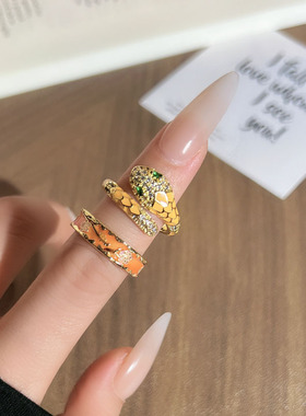 欧美网红同款蛇形橘色珐琅开口戒指女冷淡风小众潮流轻奢指环配饰