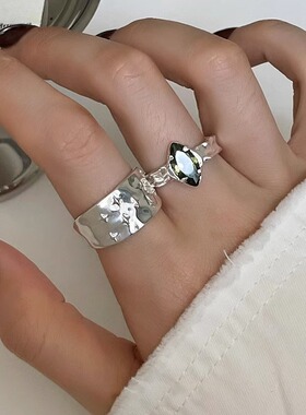 橄榄绿锆石开口戒指女简约气质甜美几何混搭叠戴帅气百搭指环ins