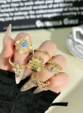 法式古典宫廷风蛋面月光石戒指女皮带扣交叉链条几何轻奢气质指环