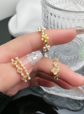 高级感双层珍珠镶嵌开口戒指女轻奢小众气质花朵珐琅甜酷食指戒潮