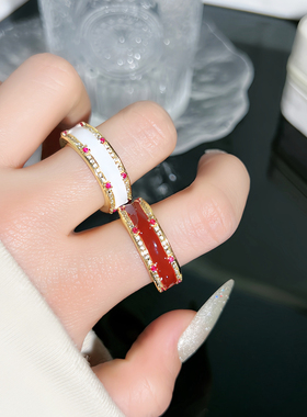 轻奢排钻宽版珐琅滴釉时尚开口戒指中性风高级感个性小众复古指环