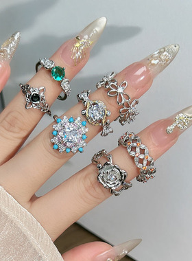 繁花锦簇轻奢蓝松簪花时尚小众双色戒指女个性花朵高级感气质指环