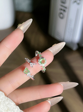 韩版气质银色淡绿锆石开口戒指女小众设计精致叠戴高级感轻奢指环