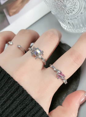 轻奢炫彩月光石开口戒指女粉钻爱心小众冷淡风甜酷精致百搭食指环