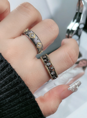 意大利轻奢复古宫廷风巴洛克戒指女暗黑拉丝镂空双色可调节食指环