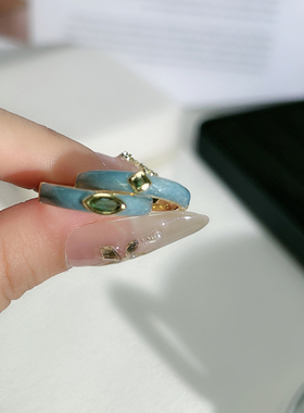 极简气质蓝色鎏金珐琅滴釉素圈开口戒指女显白叠戴时尚个性指环潮