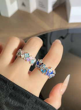 蓝蝶与繁花春日时尚配饰珐琅彩花朵气质开口戒指女冷淡风甜酷指环