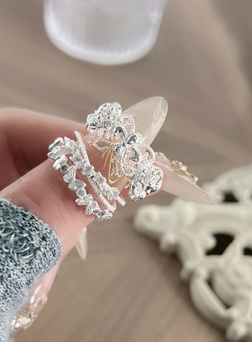 夏季新款银白蝴蝶双层几何镂空戒指女鸢尾花个性气质高级感指环潮