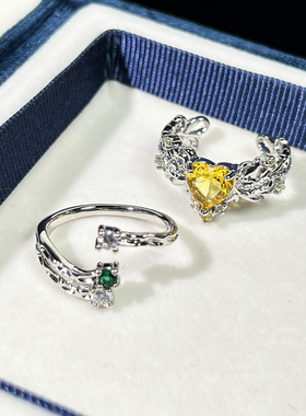 韩版荆棘爱心黄钻开口戒指女肌理时尚个性甜酷指环小众冷淡风配饰