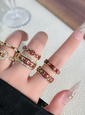 红鸾心动复古雕花红釉珐琅精致开口戒指女甜酷鸢尾花气质轻奢指环