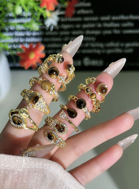 跨境复古虎眼石小众设计感时尚开口戒指女中古风甜酷气质百搭指环