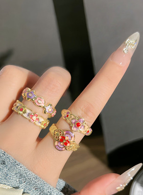 新中式复古粉紫珐琅彩花朵时尚开口戒指女甜酷气质精致轻奢食指戒