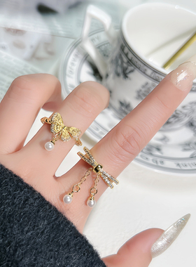 复古蝴蝶流苏褶皱时尚开口戒指女链条珍珠气质百搭高级感轻奢指环