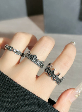 复古潮流做旧鸢尾花十字架朋克开口戒指女暗黑风皇冠小众叠戴指环