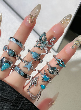 精致跨境百搭小清新蓝色滴釉显白戒指女个性冷淡风小众中性风指环