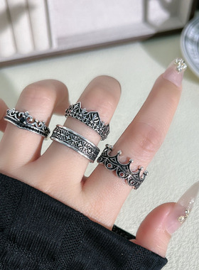 欧美复古皇冠鸢尾花朋克做旧开口戒指女嘻哈小众个性简约百搭指环