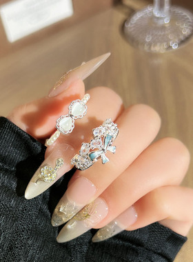 韩系甜美猫眼珍珠蝴蝶结气质轻奢开口戒指女潮小众极简高级感指环