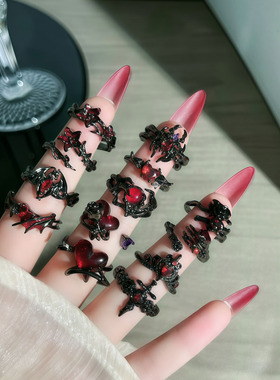 焰红荆棘暗黑风万圣节戒指中性风蝙蝠十字架花朵时尚个性指环配饰