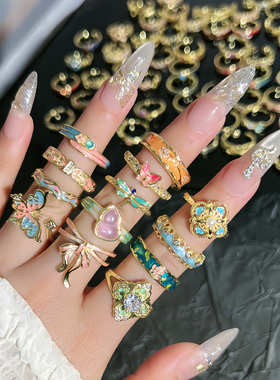 甜酷五彩斑斓珐琅滴釉气质宫廷风复古戒指女网红爆款花朵小众指环