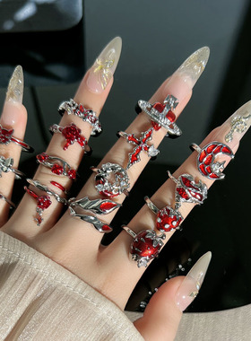 星蝶逐光甜酷红色系列草莓星月开口戒指女小众设计感ins潮搭指环