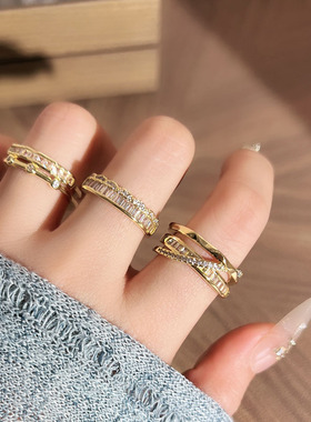 超闪双层排钻微镶轻奢气质开口戒指女ins冷淡风时尚叠戴简约指环