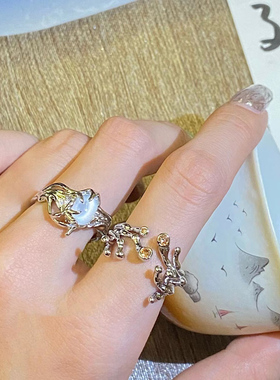 白月光清透猫眼石蔓藤缠绕开口戒指肌理质感小众设计个性时尚指环