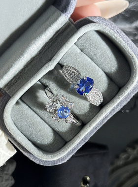 新款鹅蛋形时尚蓝锆石开口戒指女微镶轻奢小众设计高级复古食指戒