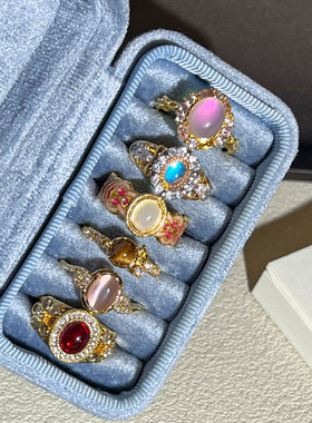 中古风轻奢彩宝月光石千金风蛋面开口戒指女复古时尚混搭个性指环