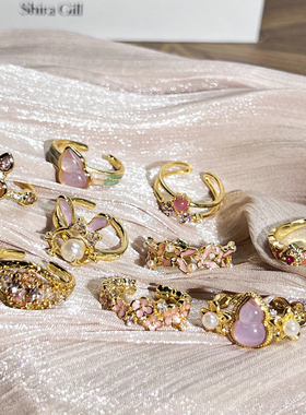 爆款新中式葫芦粉色花朵珐琅甜酷戒指女冷淡风蝴蝶百搭时尚指环潮