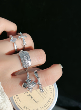 个性简约鸢尾花十字架时尚开口戒指女冷淡风轻奢高级感小众食指戒