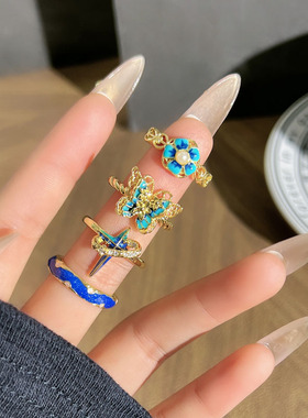 个性金属感立体湛蓝星球宇宙开口戒指无性别风蝴蝶轻奢高级感指环