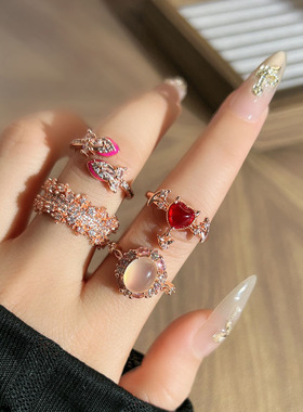 中古老钱风玫瑰金色满天星恶魔之心开口戒指女轻奢高级感小众个性