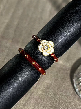 新款复古酒红色滴釉山茶花开口戒指女简约轻奢高级感时尚百搭指环